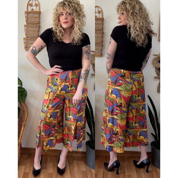 90s Funky Rayon Split Front Wide Leg Crop Pants - Picture 1 of 9
